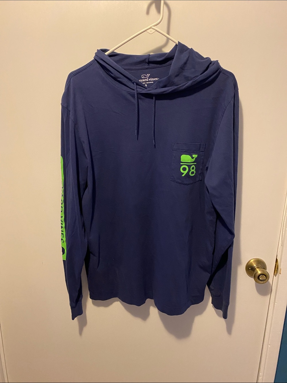 Vineyard Vines Navy Hooded Long Sleeve with Neon Green Whale